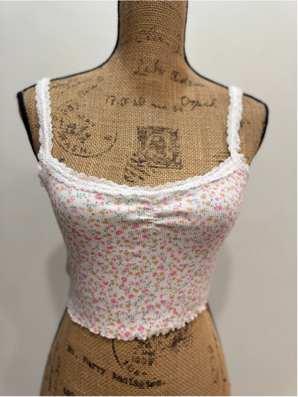 Garage Floral Ditsy Ribbed Cami Tank Top Lace Trim Lettuce Hem S Coquette